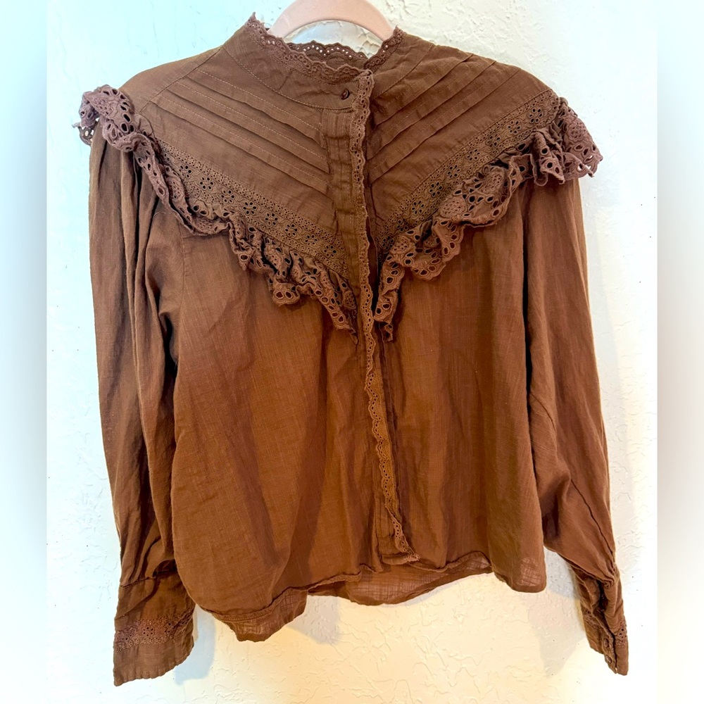 Free People Brown Button Up Peasant Blouse